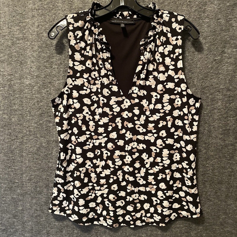 White House Black Market Top Womens Medium‎ Animal Print Ruffle V-Neck Blouse